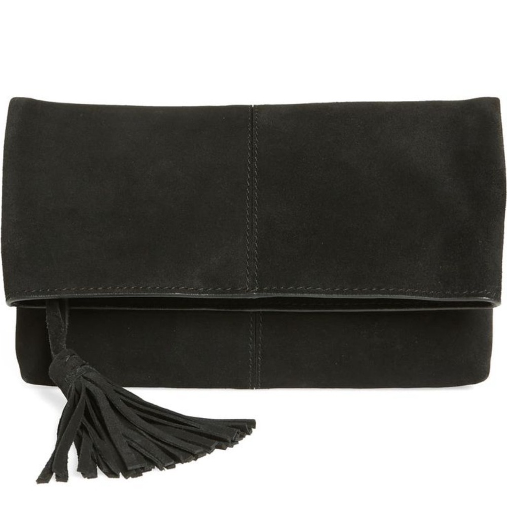 Leith fold over suede clutch with tassel